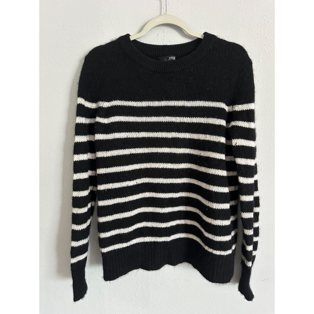 Aqua Cashmere 100% Cashmere Stripe Sweater Black White Women's L - Picture 2 of 6